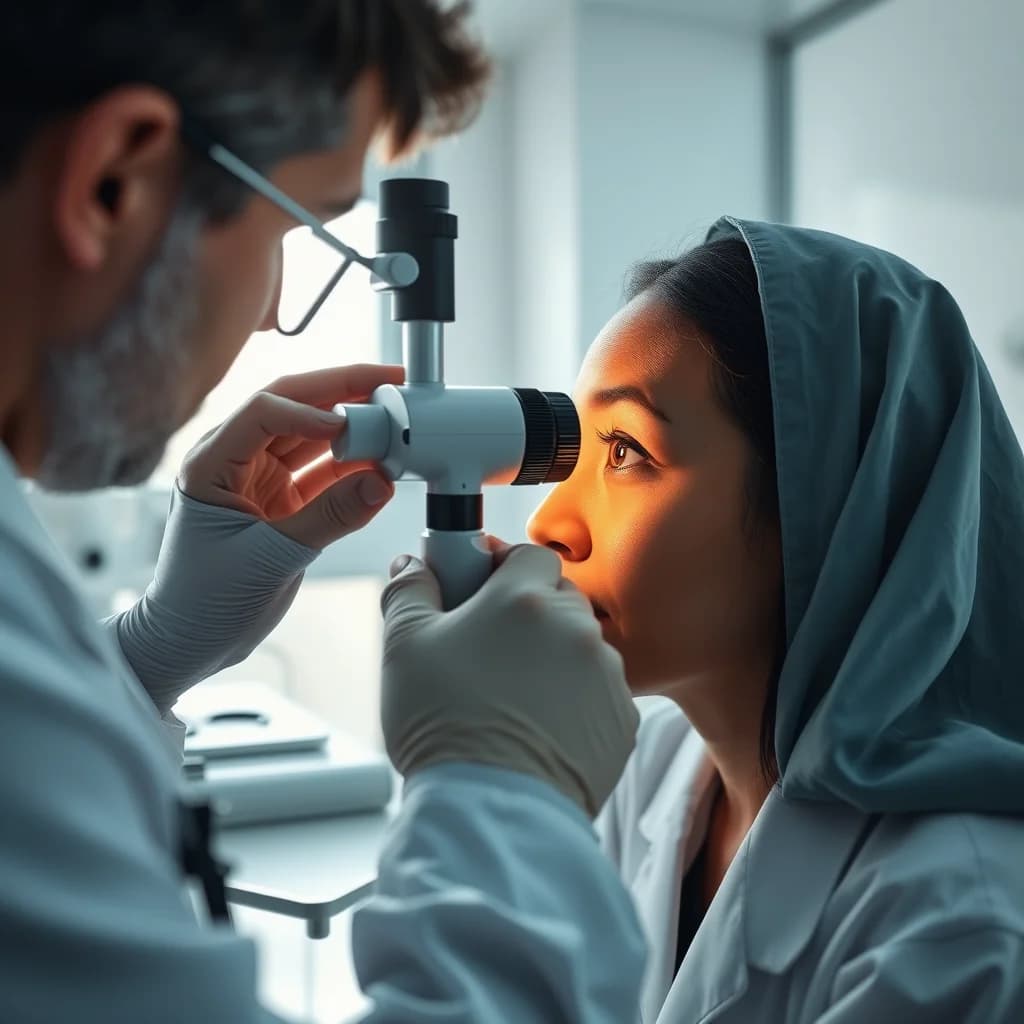 Dokter memeriksa mata pasien untuk mendeteksi benjolan di mata bagian dalam