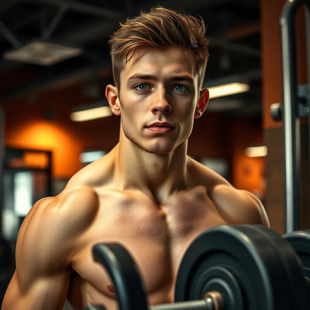 Muda laki-laki di gim dengan ekspresi fokus, di sekitar beban dan peralatan olahraga, menampilkan campuran otot yang tonik dan tidak terbentuk