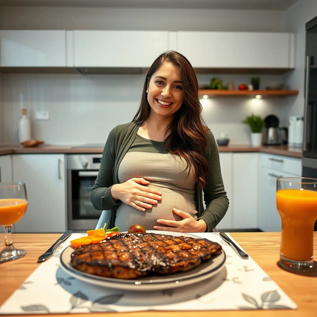 Ibu hamil menyantap steak medium-rare di rumah dengan suasana nyaman