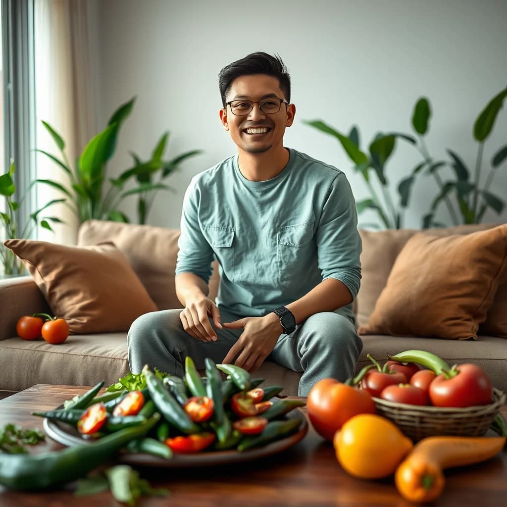 Seorang pria Indonesia berusia 30-an duduk santai di ruang tamu modern dengan sayuran segar dan buah-buahan di sekitarnya, makanan sehat, dan cabe jawa segar