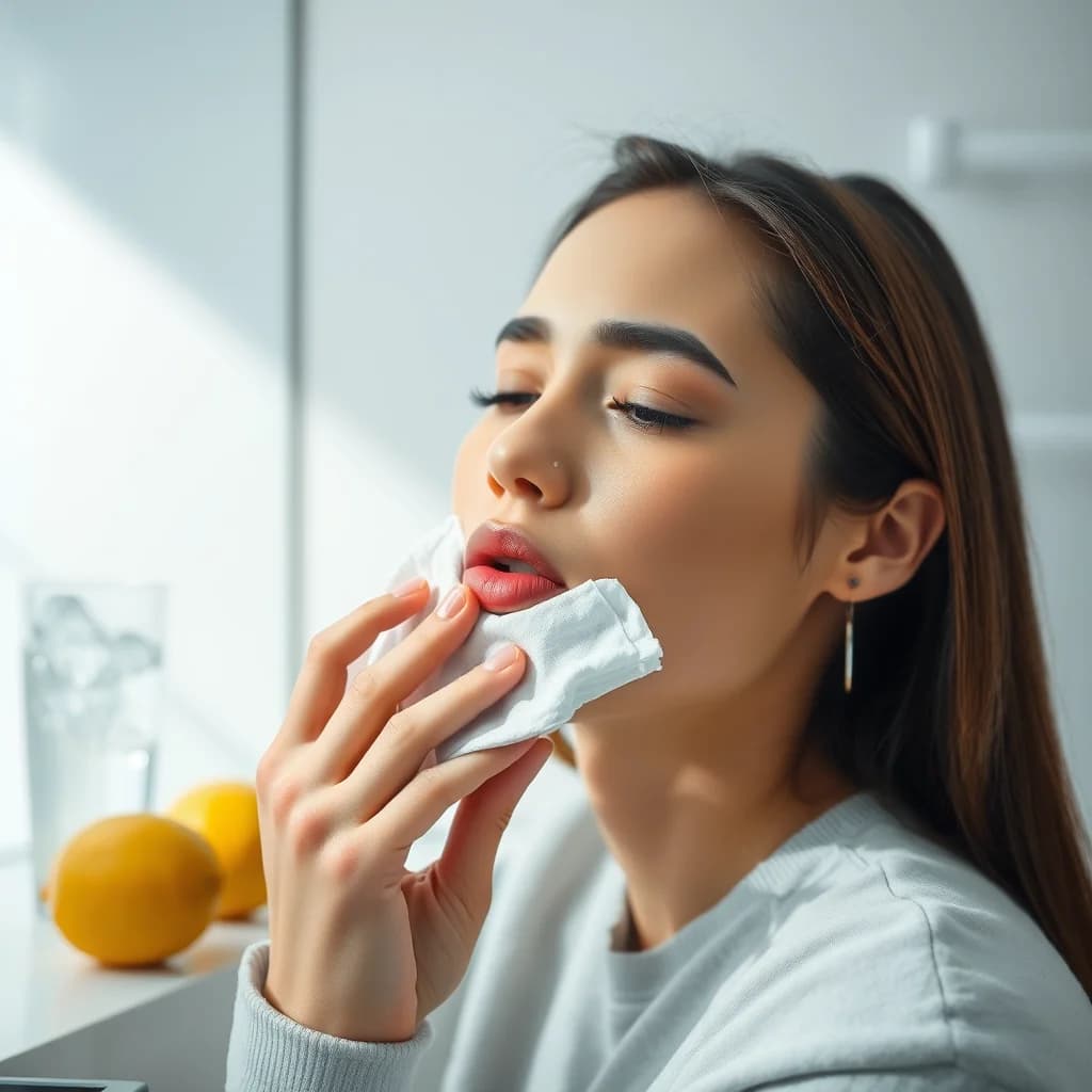 Seorang perempuan mengaplikasikan kompres dingin pada bibir yang bengkak di dalam kamar mandi