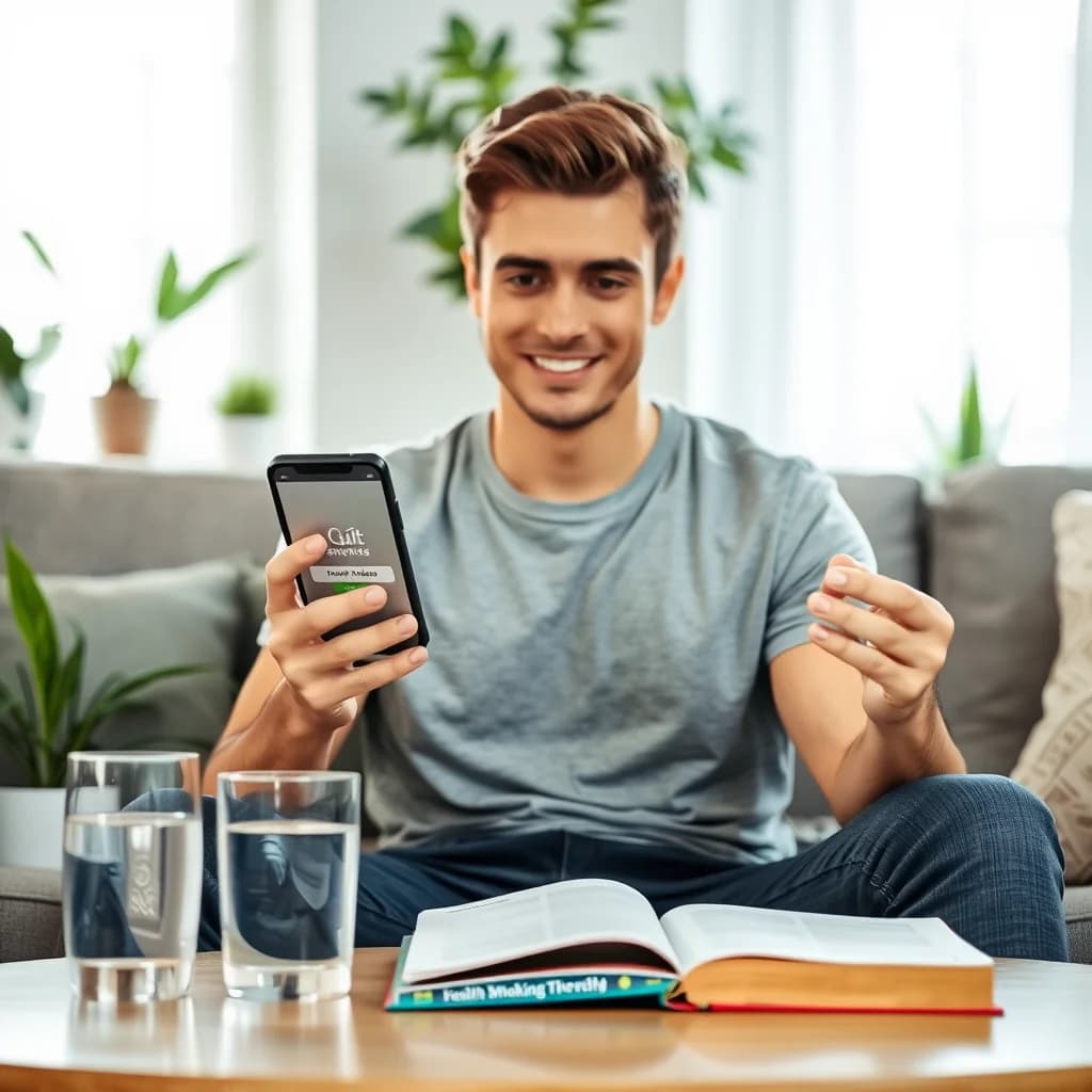 Seorang pria dewasa berusaha berhenti merokok dengan menggunakan aplikasi penghentian rokok