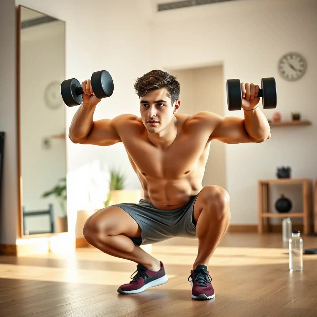 Orang dewasa melakukan latihan squat dengan beban untuk mengencangkan otot paha