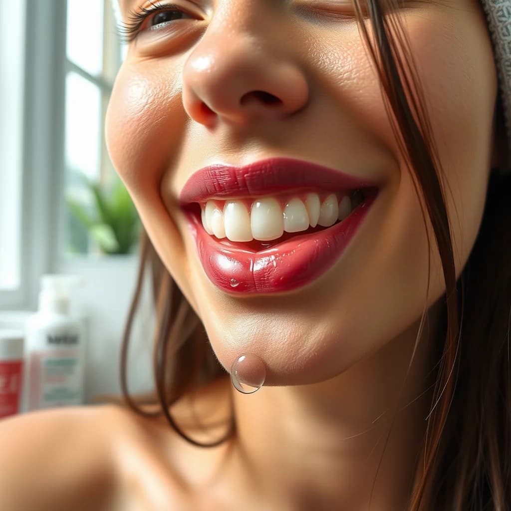 Perempuan muda dengan bibir yang sehat dan merona di dalam kamar mandi