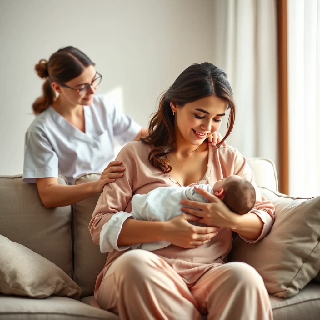 Ibu baru ditemani oleh bidan yang ramah dalam mengatasi depresi postpartum