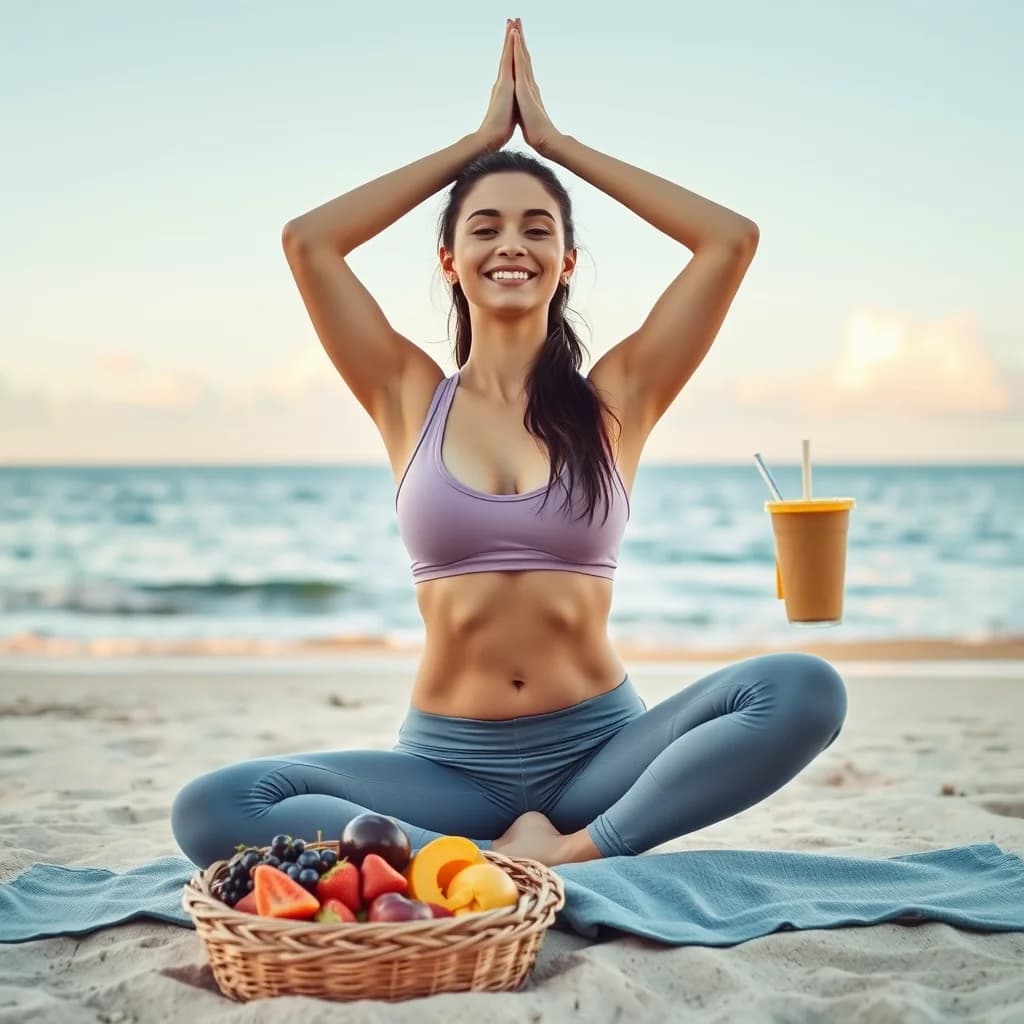 Wanita muda melakukan yoga di pantai sambil mengonsumsi makanan seimbang