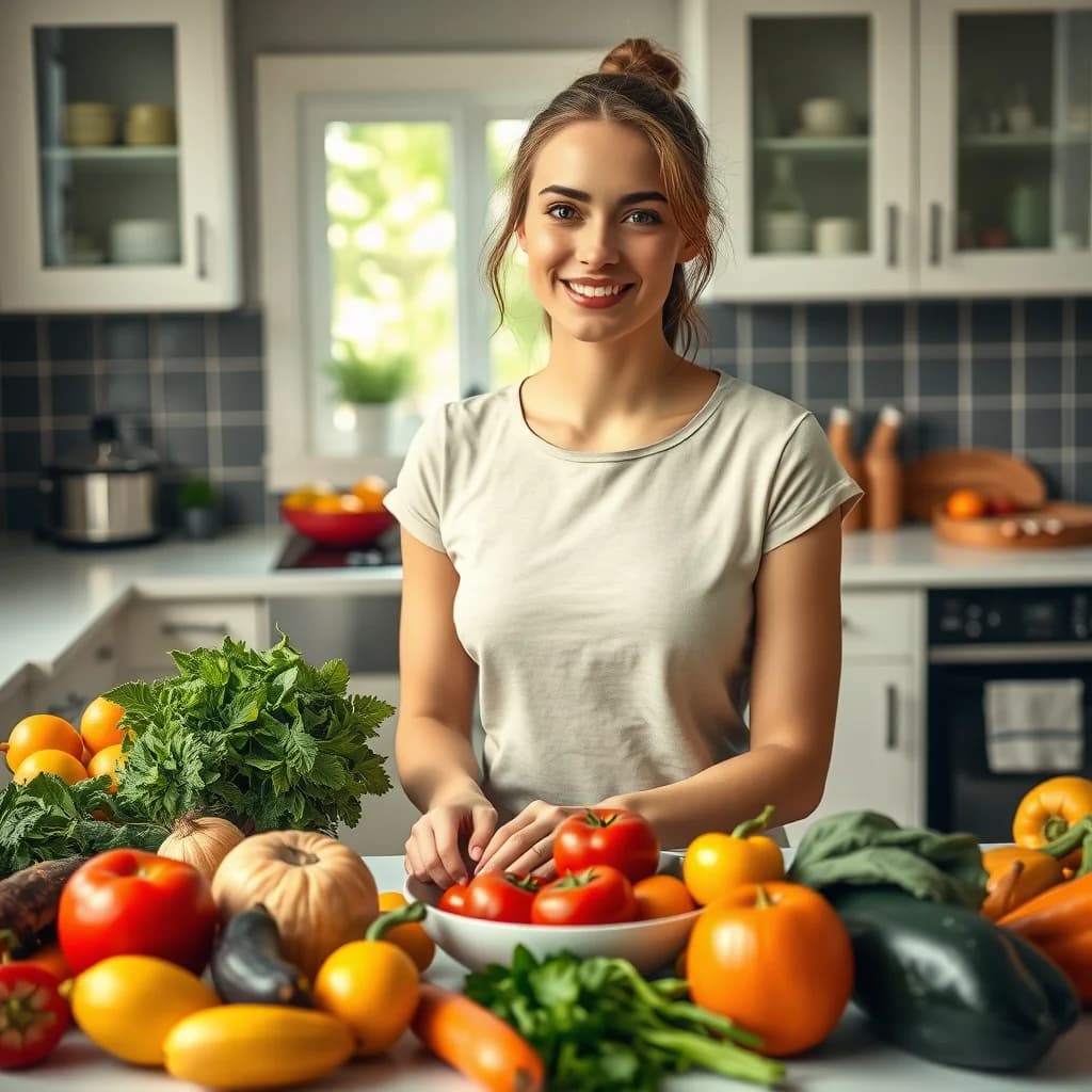 Seorang wanita mempersiapkan makanan seimbang di dapur dengan bahan-bahan segar