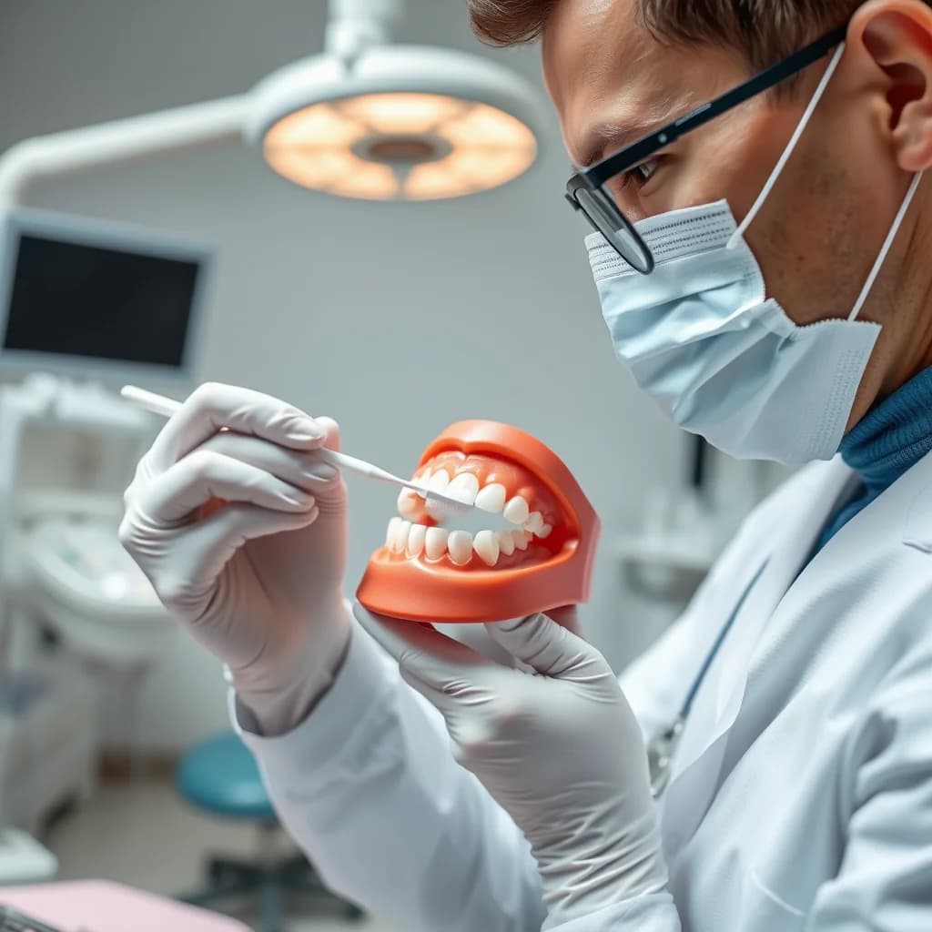 Dentis memeriksa gigi palsu pasien dengan hati-hati dan bersih