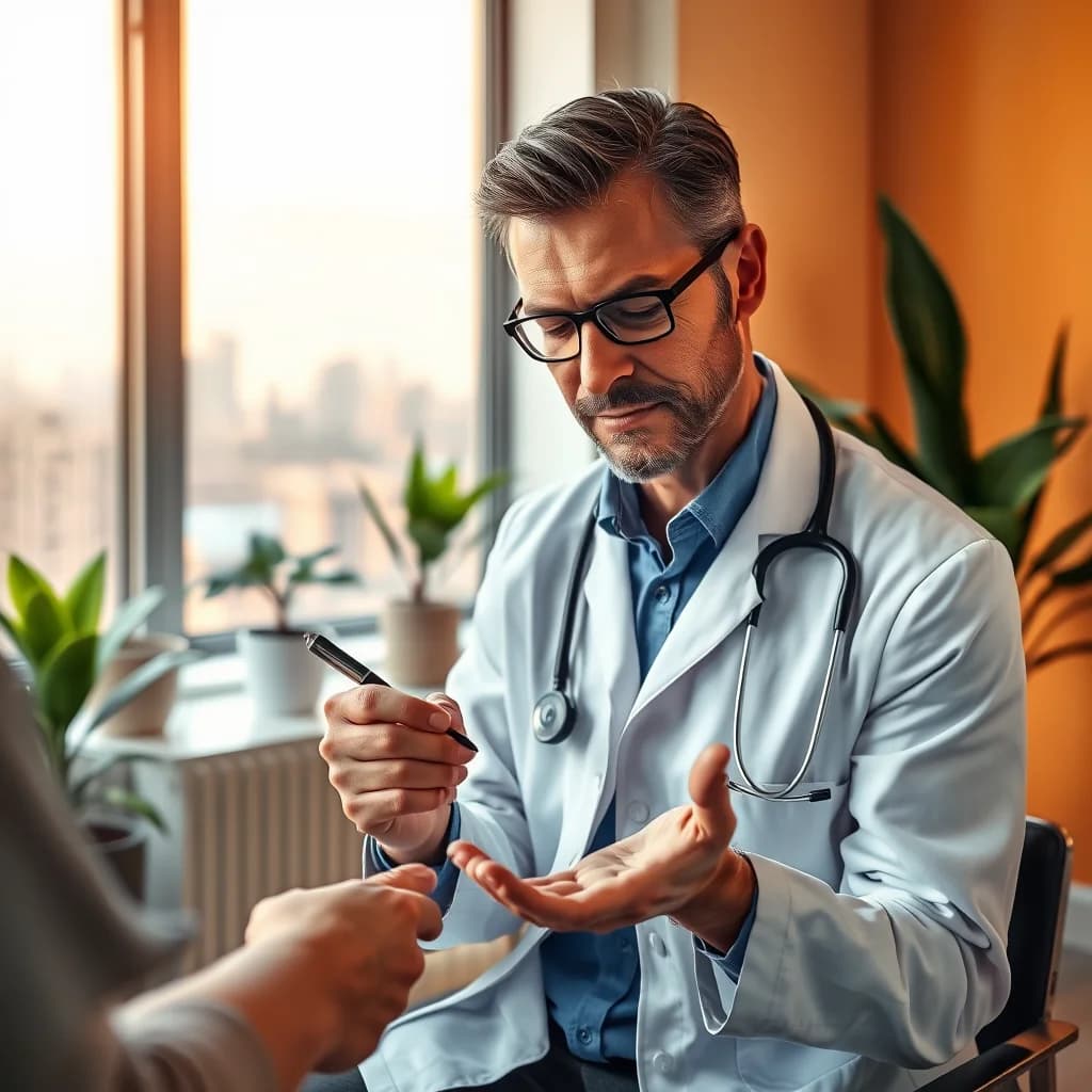 Dokter memeriksa tangan pasien untuk mendeteksi kerusakan akibat penyalahgunaan nikotin