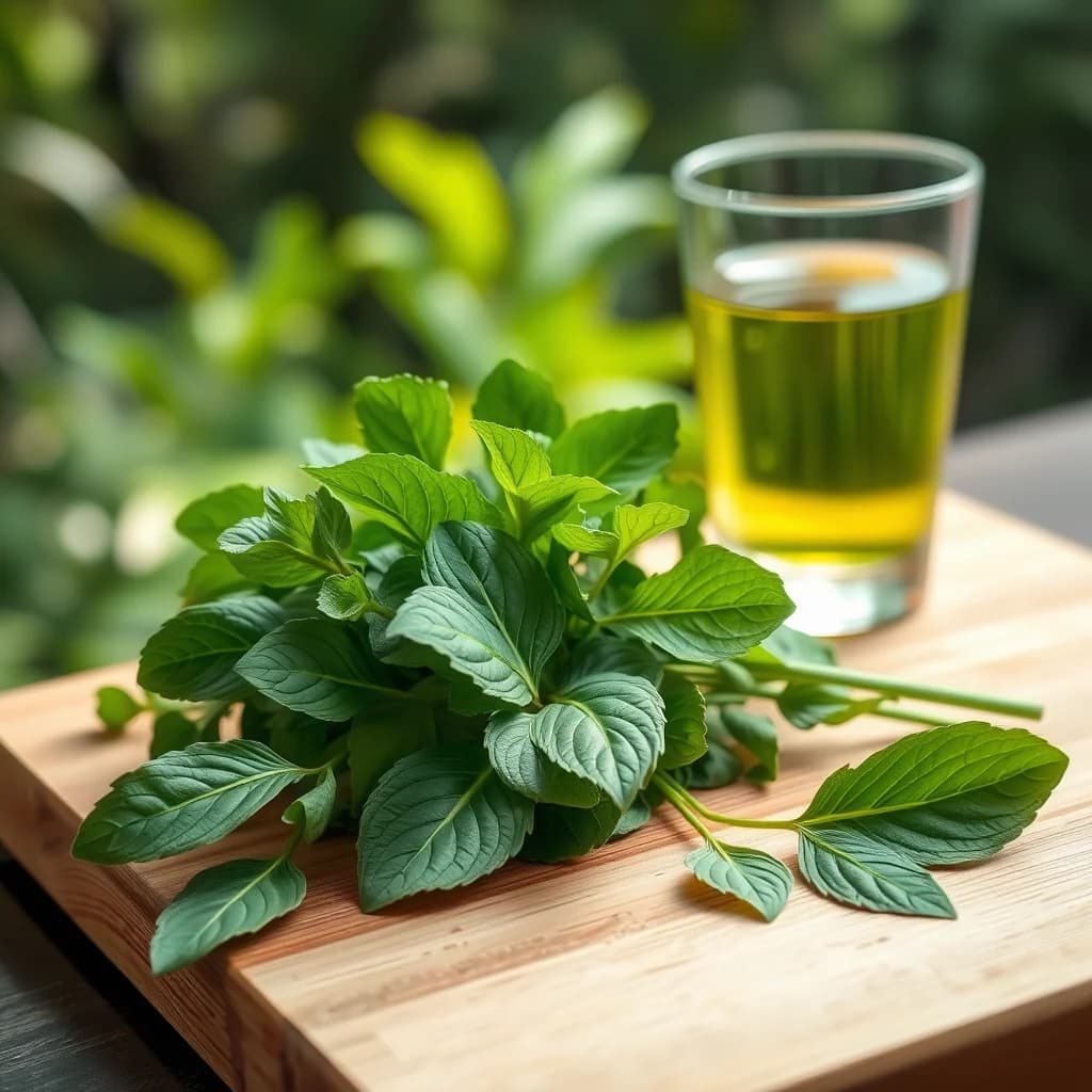 Daun Genjer segar di atas papan pemotongan kayu