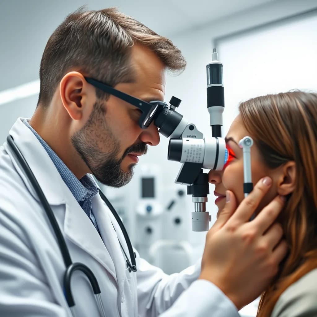 Dokter spesialis mata melakukan pemeriksaan mata pasien untuk mendeteksi infeksi dan gangguan imunitas