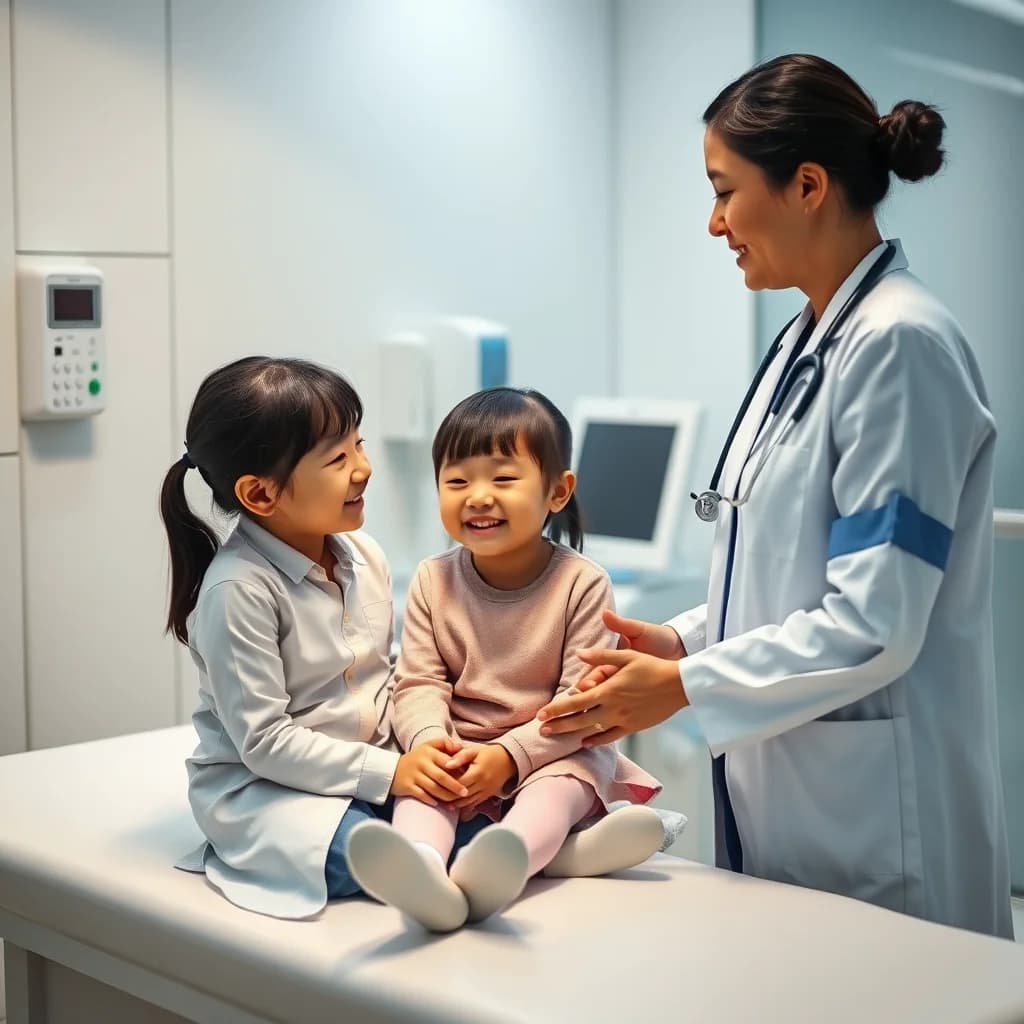 Dokter perempuan menemani anak perempuan muda dalam pemeriksaan kesehatan mental