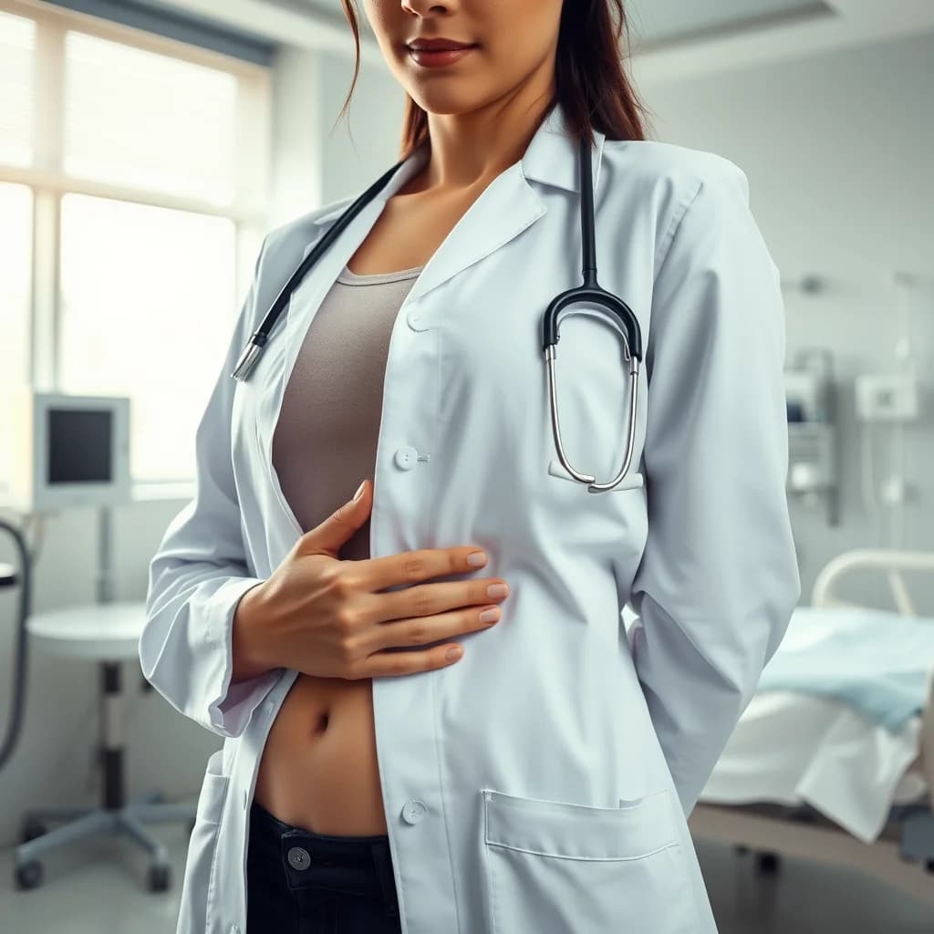 Dokter memeriksa perut pasien dengan stetoskop untuk mendeteksi gejala kanker rahim stadium 1