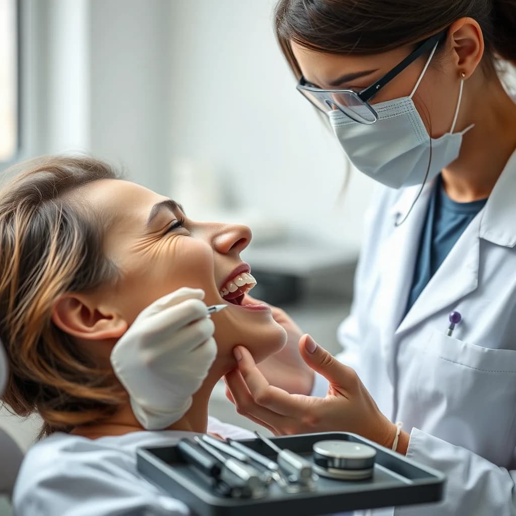 Dokter gigi memeriksa pasien dengan gigi palsu