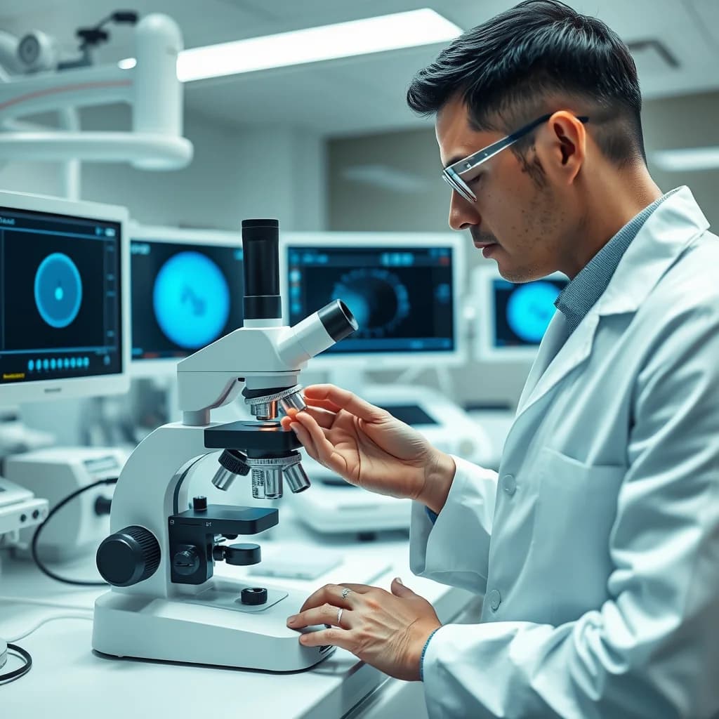 Embriolog mengamati sel sperma dalam mikroskop untuk mendiagnosis masalah infertilitas