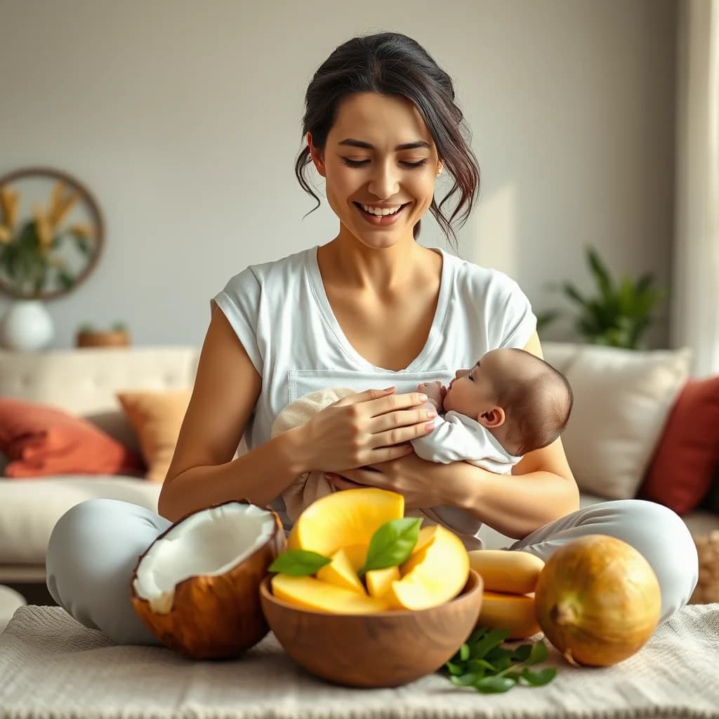 Ibu menyusui dan bayi sedang diberi makan buah kelapa muda (pete)