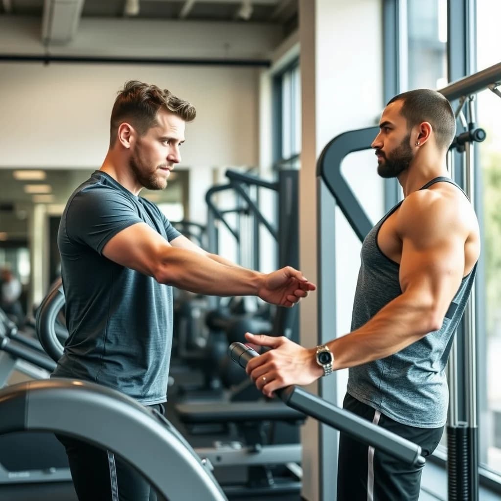 Pelatih pria mengajarkan teknik latihan yang benar kepada pemula di gym