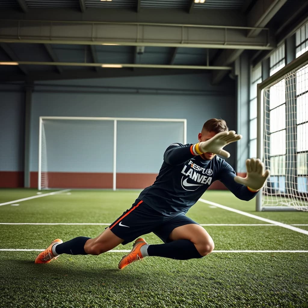 Penjaga gawang sepak bola melakukan gerakan stretching dan menyelamatkan bola dengan refleks cepat