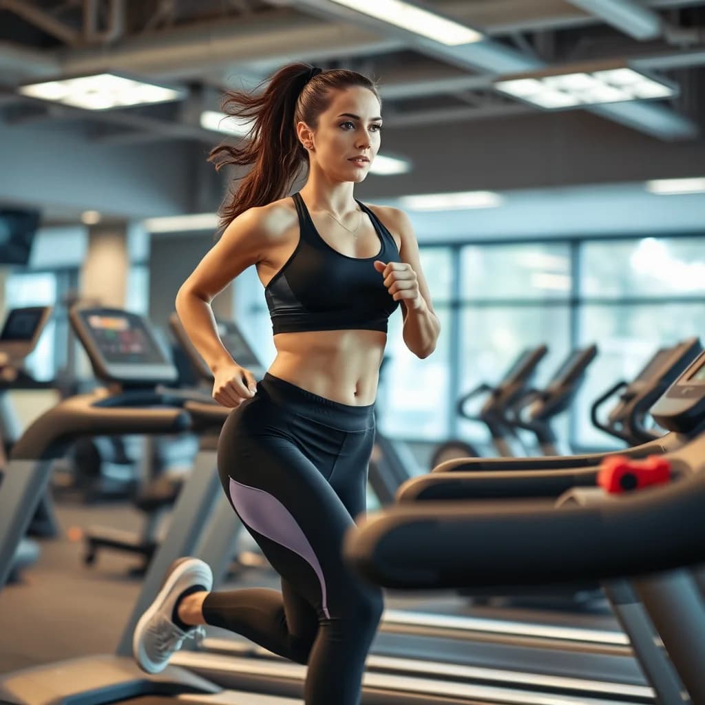 Perempuan atletik berlari di treadmill untuk meningkatkan kelincahan dan kekuatan tubuh