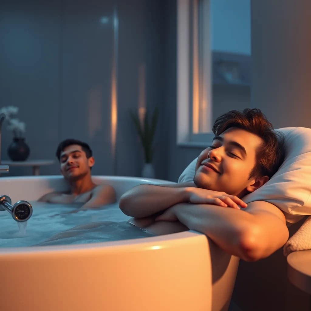 Orang mandi malam dengan termometer di atas bak mandi, sementara pasangannya tidur nyenyak