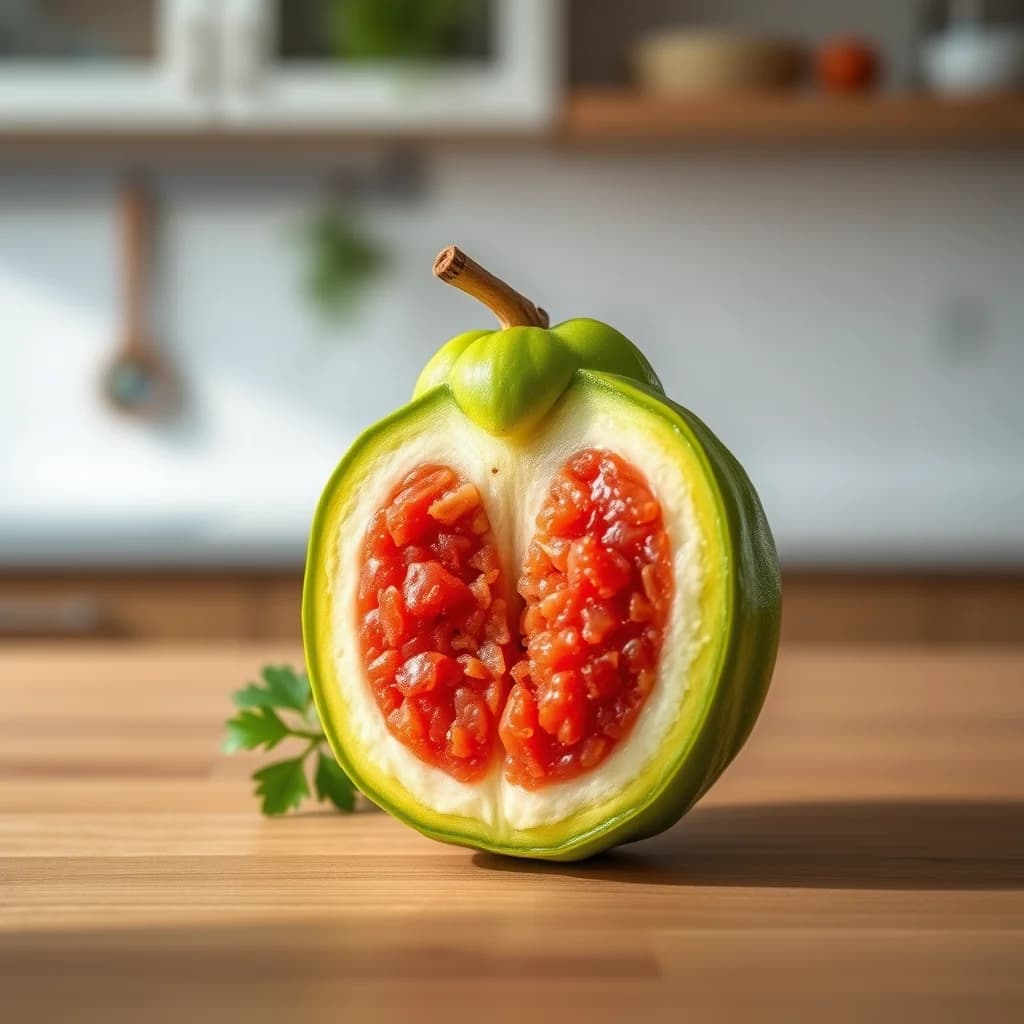 Buah gandaria segar di atas meja dapur kayu minimalis