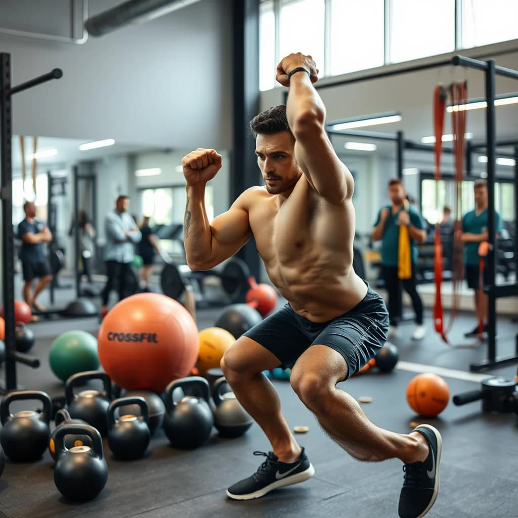 Atlet melakukan olahraga CrossFit di pusat kebugaran dengan perangkat fitness
