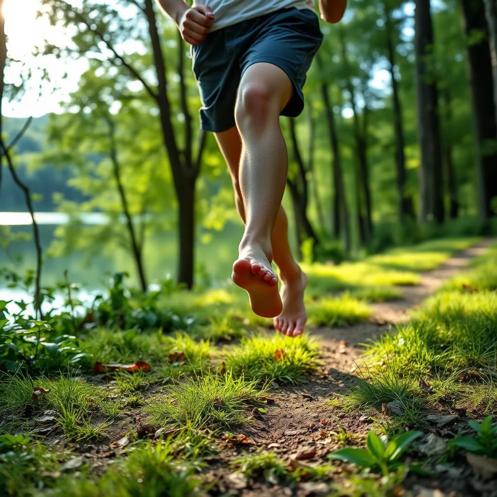 Orang berlari tanpa alas kaki di hutan dengan hamparan danau di latar belakang