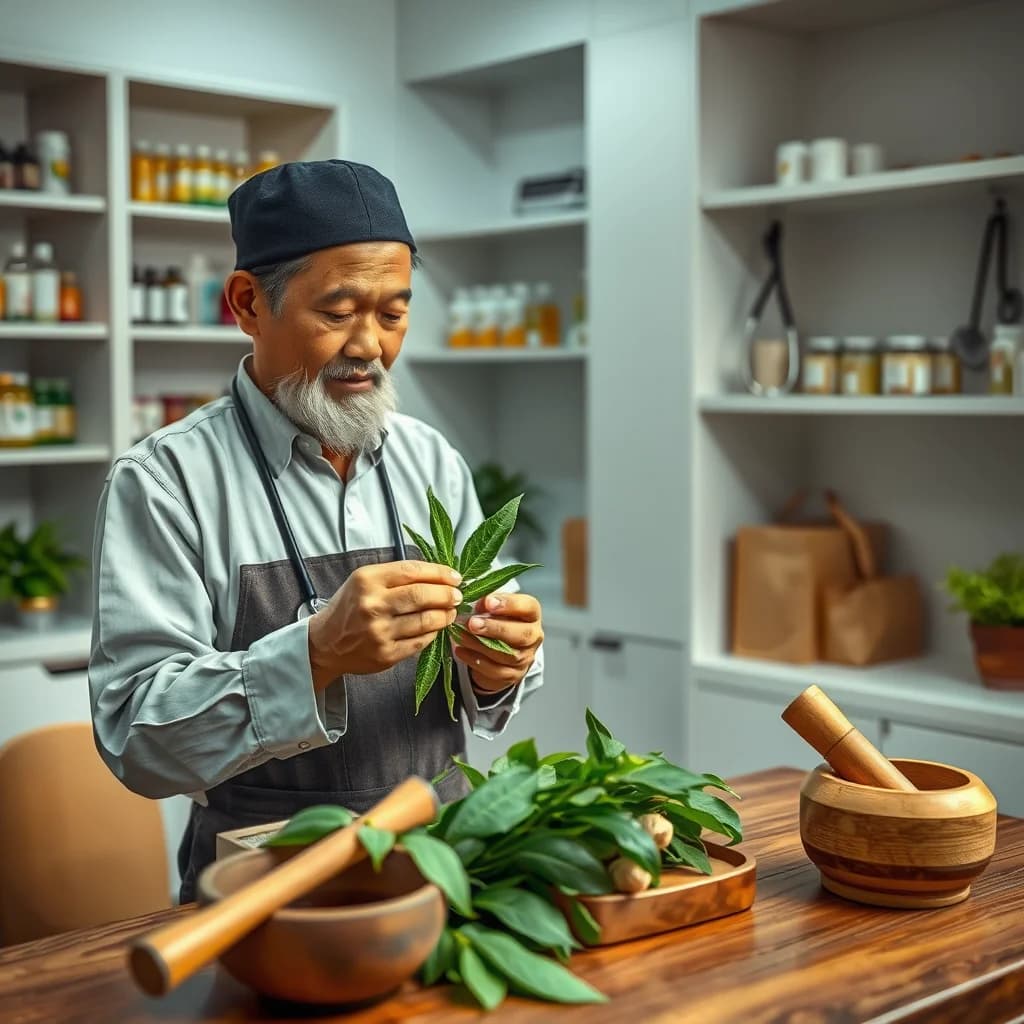 Ahli herbal tradisional mempersiapkan teh herbal dengan daun korejat untuk mengobati peradangan dan masalah pencernaan