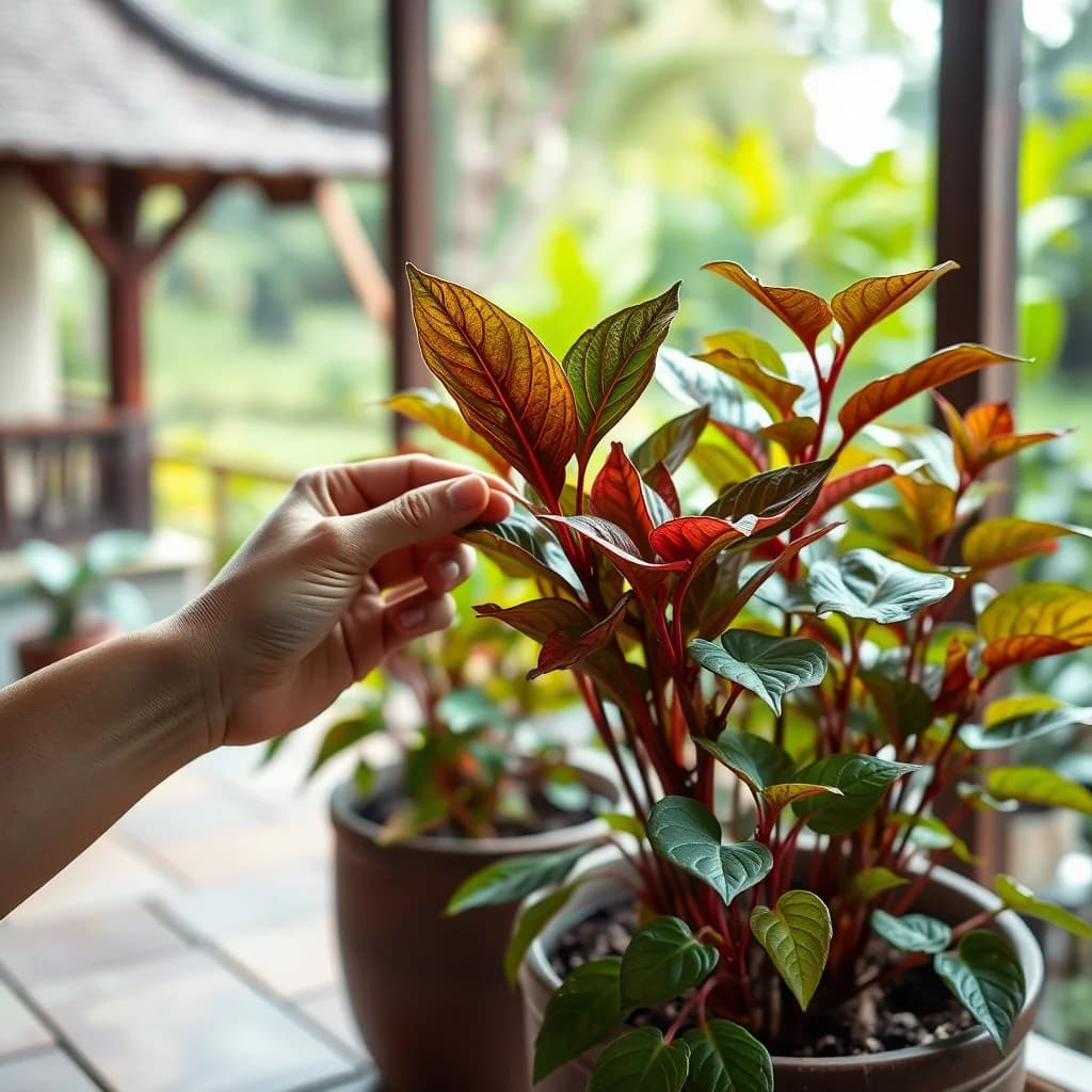 Tangan memetik daun sirih merah segar dari tanaman di taman tradisional Indonesia