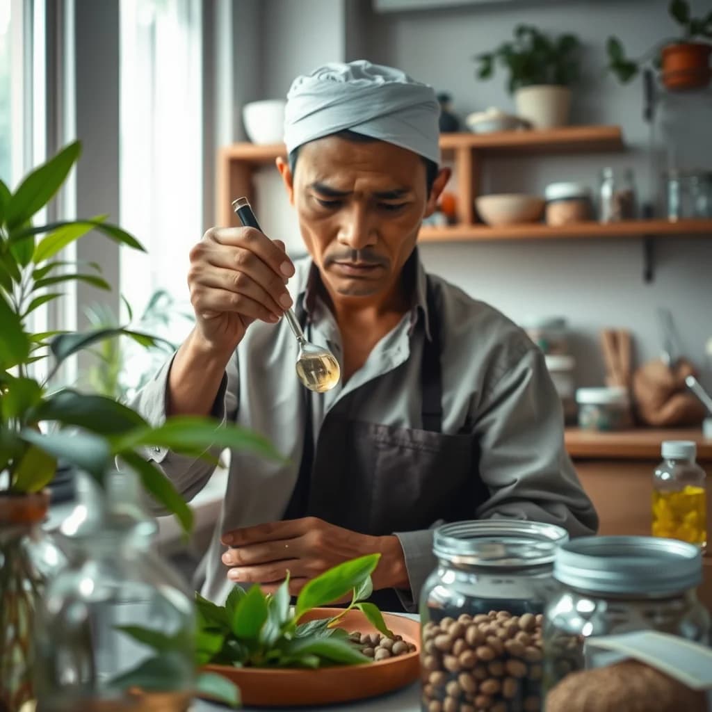 Herbalis mempersiapkan ramuan herbal dari Kayu Secang