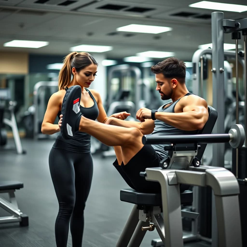 Seorang instruktur kebugaran memandu client melakukan latihan leg press