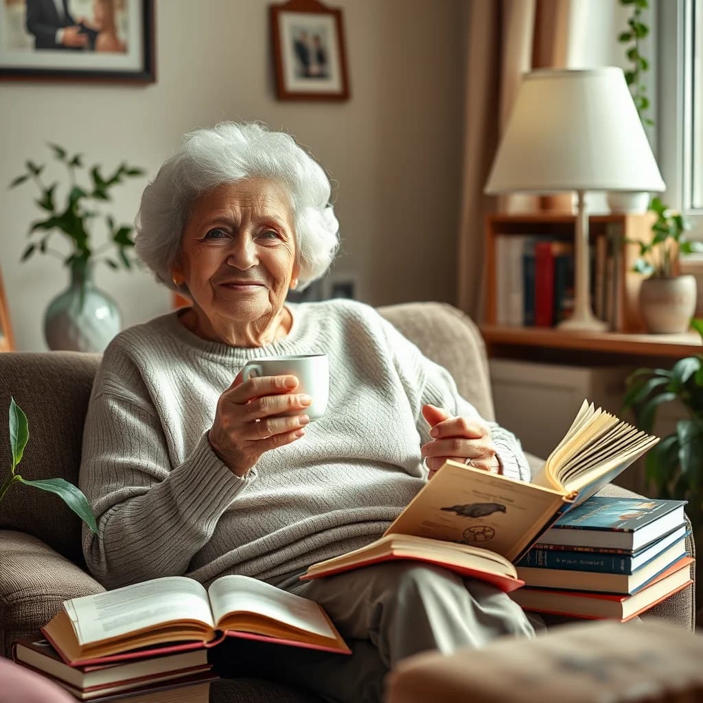 Seorang wanita tua membaca buku di ruang baca yang nyaman