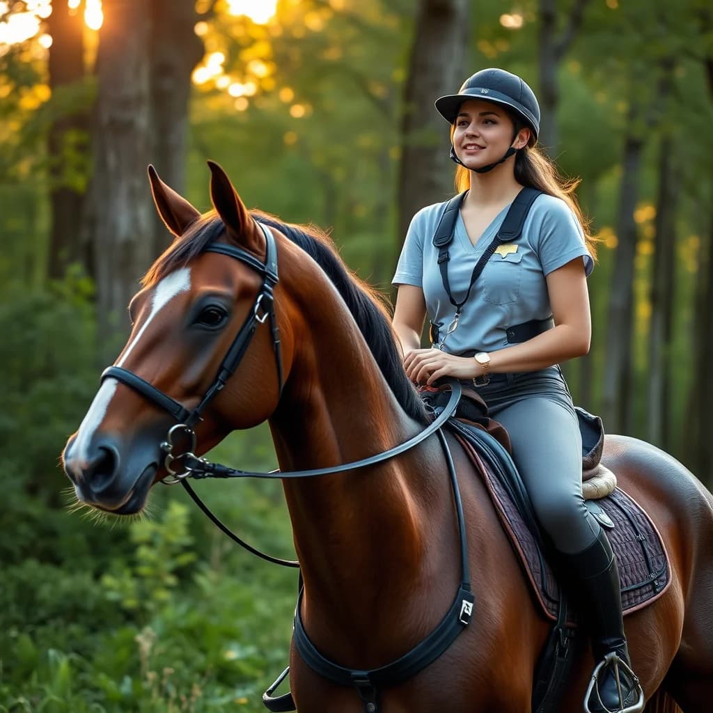 Seorang pengendara kuda wanita mengendarai kuda melalui hutan hijau dengan peralatan medis di latar belakang