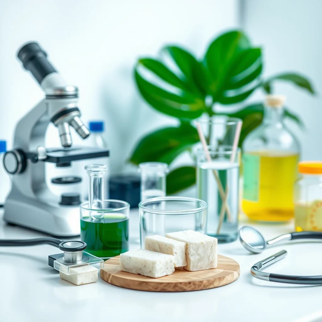 Laboratorium medis dengan sampel tahu dan peralatan kesehatan