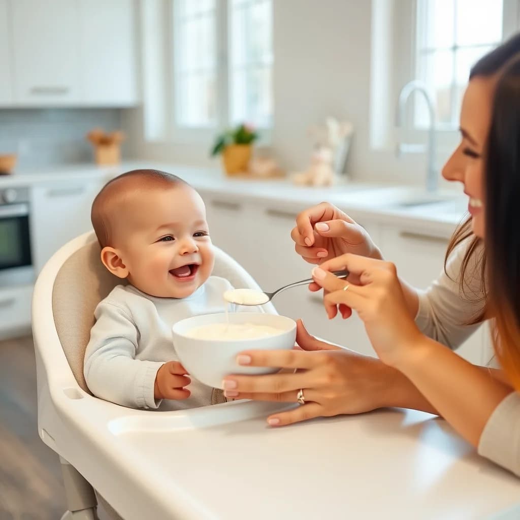 Ibu memberikan yogurt kepada bayi di meja makan dengan perawatan yang baik