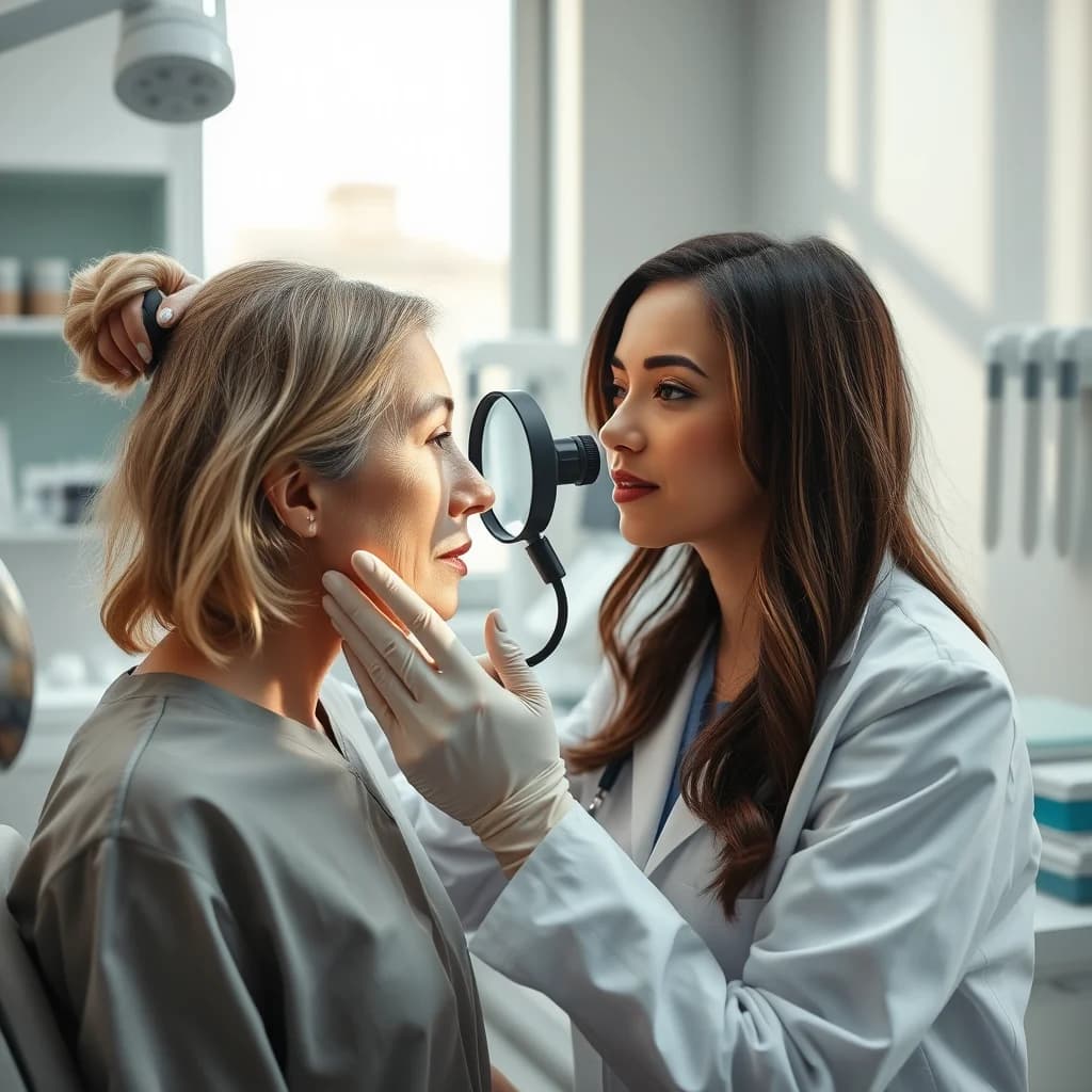 Dermatolog memeriksa wajah pasien untuk mendeteksi jerawat parah dan kulit kistik