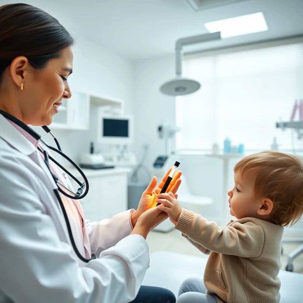 Dokter anak memeriksa tangan anak untuk mendeteksi gejala anak indigo