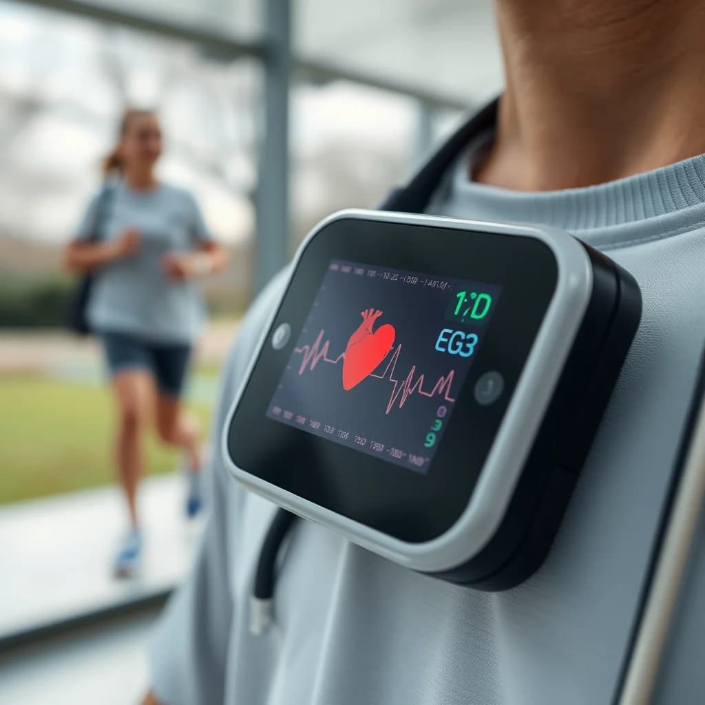 Monitor ECG menampilkan denyut jantung normal dengan latar belakang seseorang berolahraga