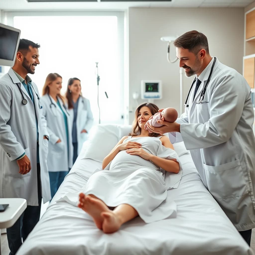 Dokter mengurus pemberian lahir bayi dengan aman dan profesional di ruang bersalin rumah sakit