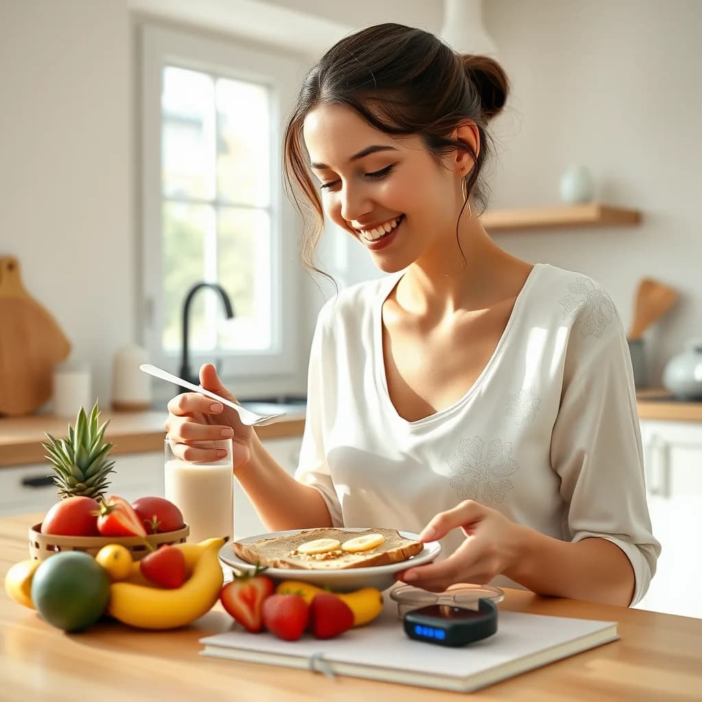 Seorang wanita muda sehat menikmati sarapan seimbang untuk mendapatkan berat badan ideal