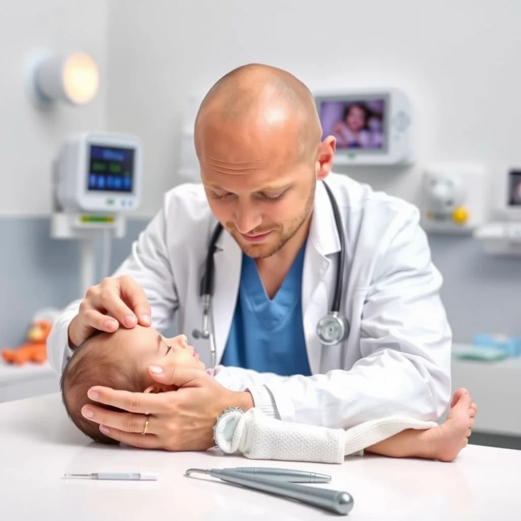 Dokter anak memeriksa kepala bayi untuk memantau proses penutupan ubun-ubun alami