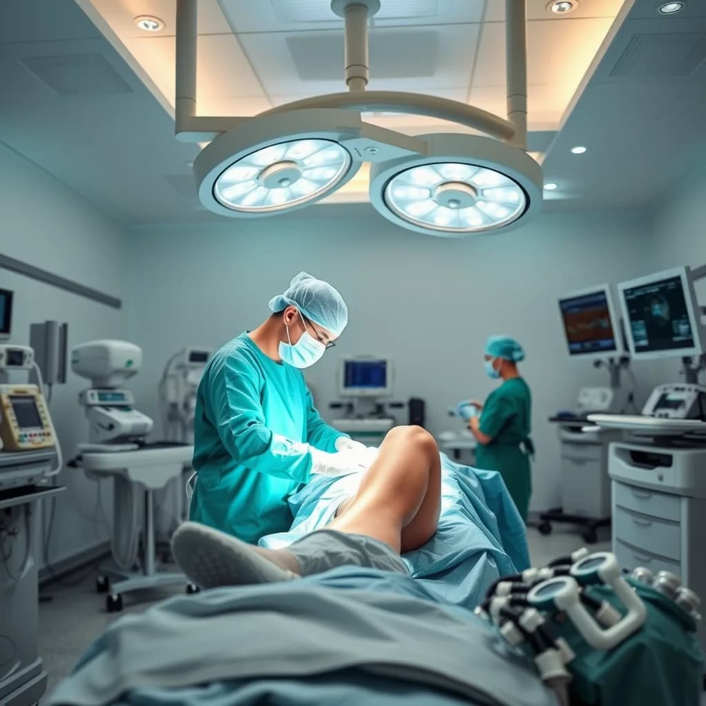 Dokter spesialis ortopedi melakukan operasi ACL di ruang perawatan rumah sakit modern