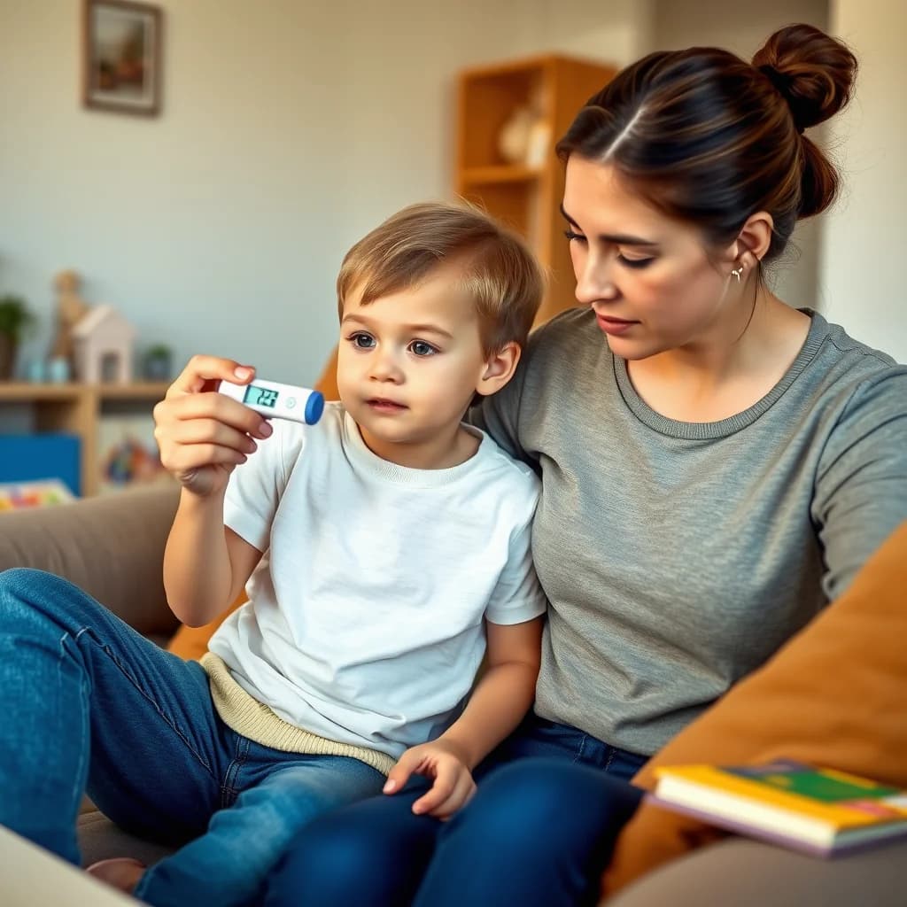 Ibu memantau suhu anaknya dengan termometer