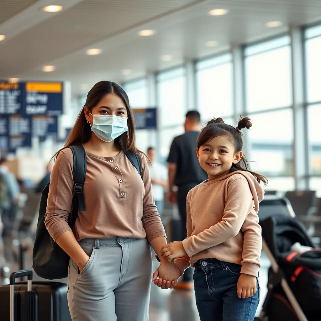 Ibu dan anak mempersiapkan diri mudik dengan aman dan nyaman di bandara