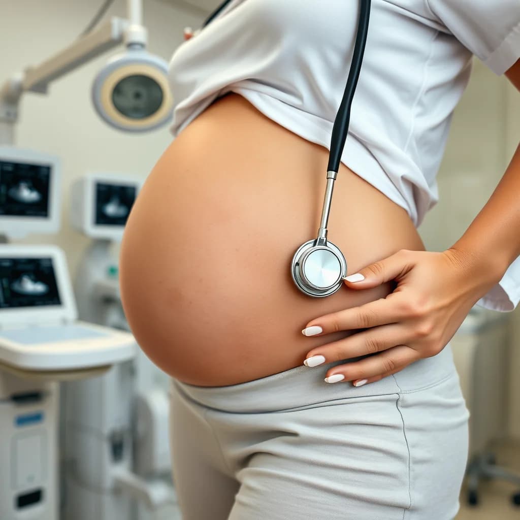 Seorang dokter memeriksa perut ibu hamil dengan stetoskop