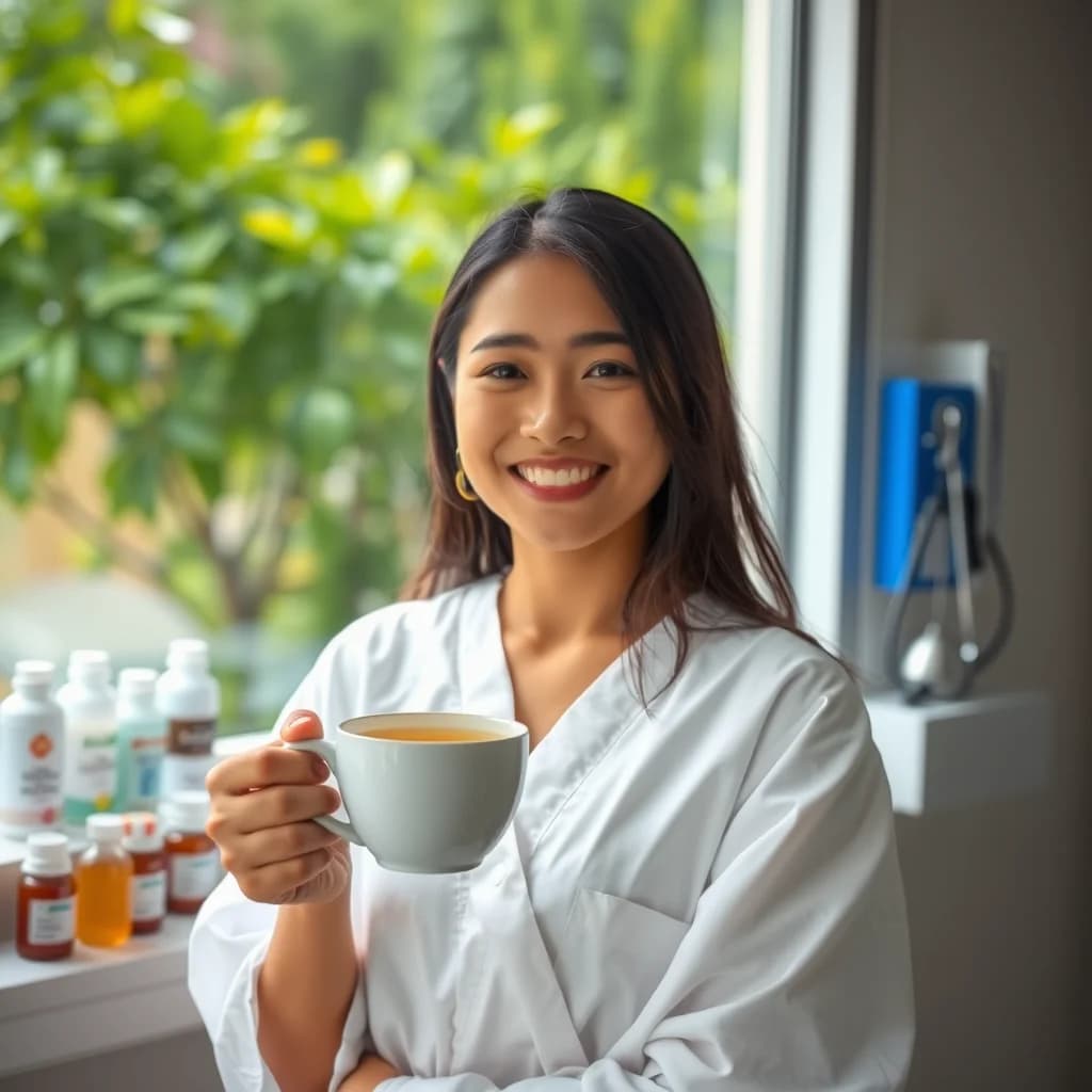 Seorang perempuan Indonesia muda meminum teh herbal hangat di ruang pasien rumah sakit modern