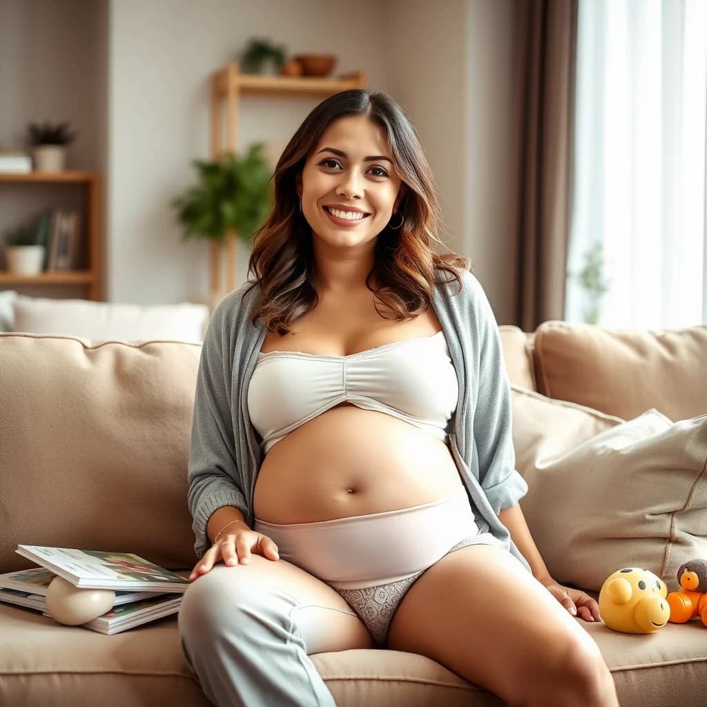 Ibu pasca melahirkan duduk santai di ruang tamu dengan pembalut nifas yang nyaman