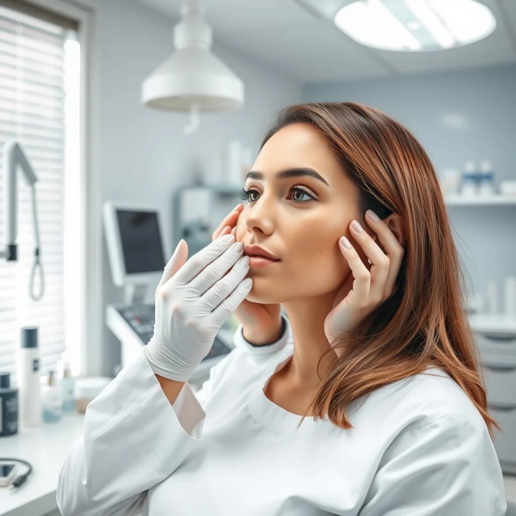 Dermatolog memasukkan krim retinol ke kulit jerawat pasien