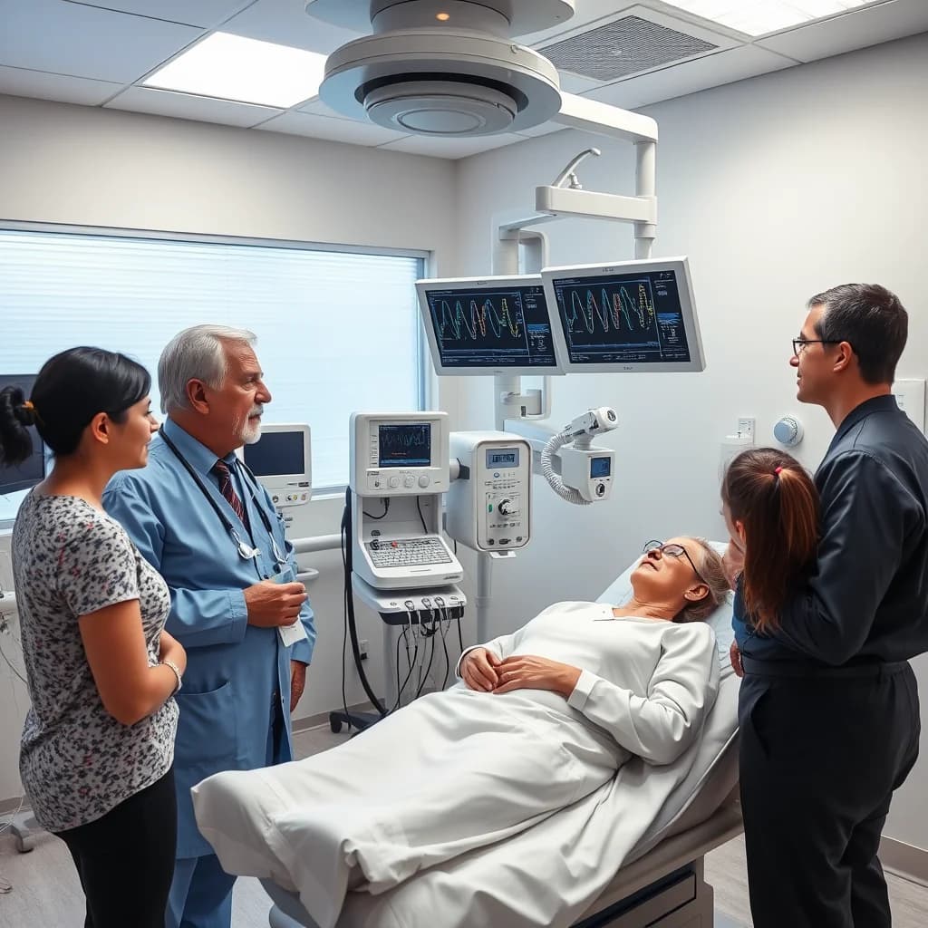 Dokter menjelaskan prosedur kolonoskopi kepada pasien dan keluarganya di klinik gastrointestinal modern