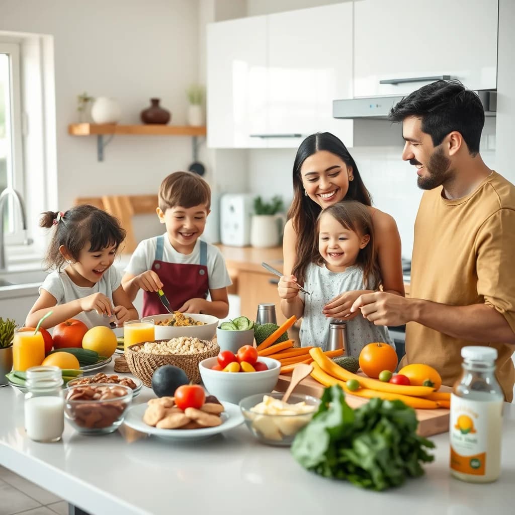 Ibu dan ayah serta anak-anaknya mempersiapkan sarapan bergizi untuk puasa seharian penuh